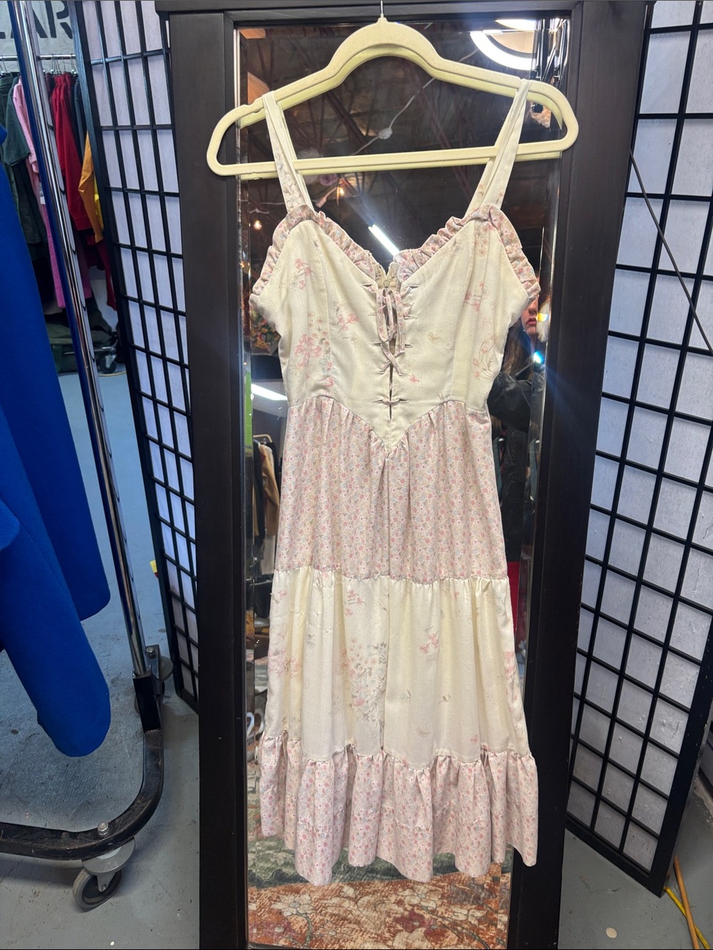 Vintage Floral Cream & Pink Tiered Maxi Dress with Ruffle Trim